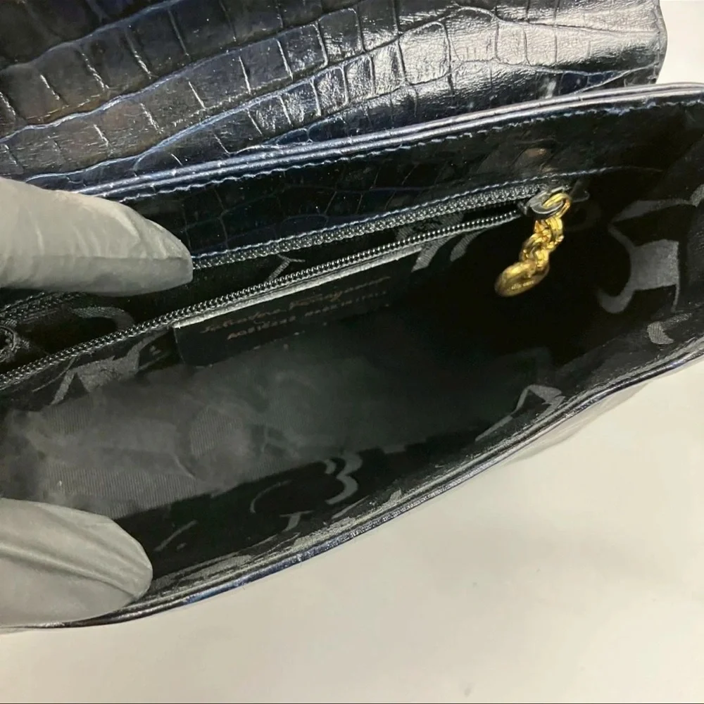 Salvatore Ferragamo Vintage Black Crocodile Embossed Leather Bag Gancini Italy